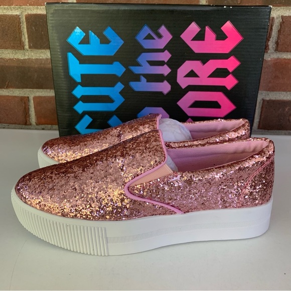 Cute To The Core Pink Glitter Slip On Fashion Platform Sneakers Women’s US 7 M - Picture 4 of 8